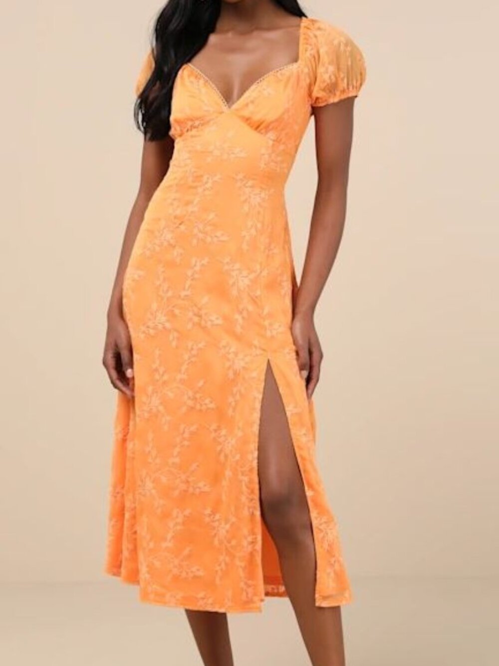 (L) Lulu's Orange Embroidered Tie-Back Midi Dress